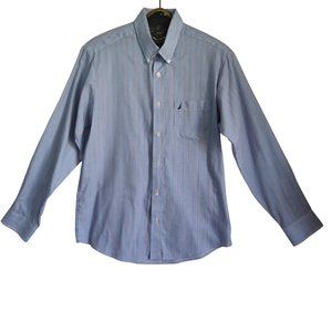 NAUTICA Preppy Button Down Stripe Sailboat Logo Cotton Blend Poplin Shirt Sz M
